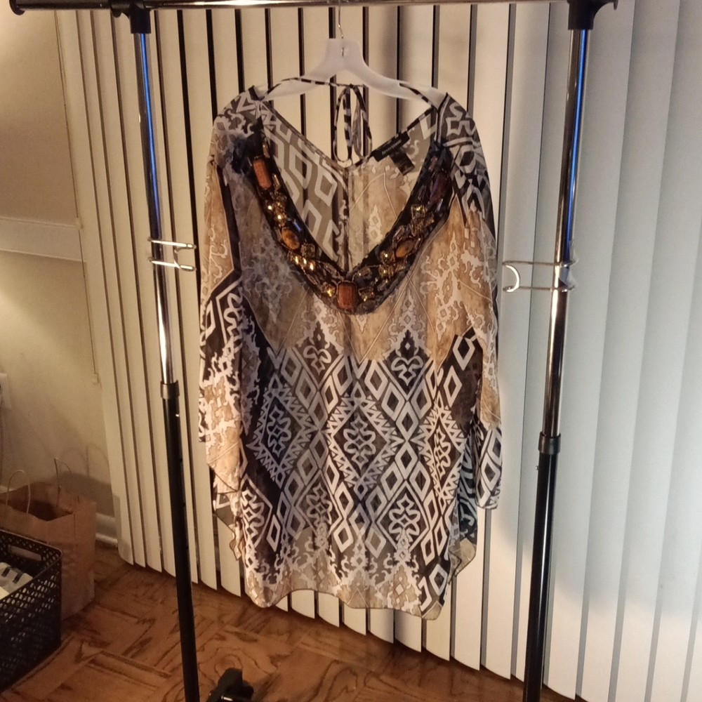 Brown and Black Dress Blouse w/Rhinestone designs